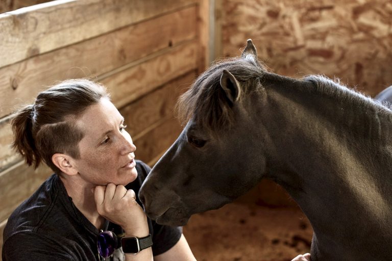An equine energy healing session, the therapist with a short hair ponytail is down face to face with a dark colored miniature horse