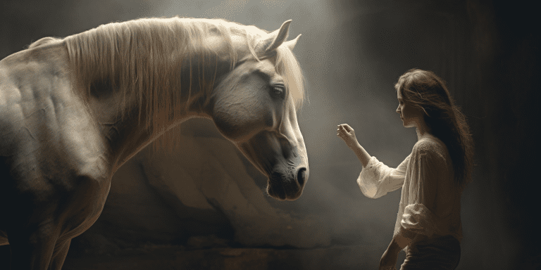 A woman with long hair gently reaches out towards the nose of a white horse, beautifully lit from above with a glowing white light.