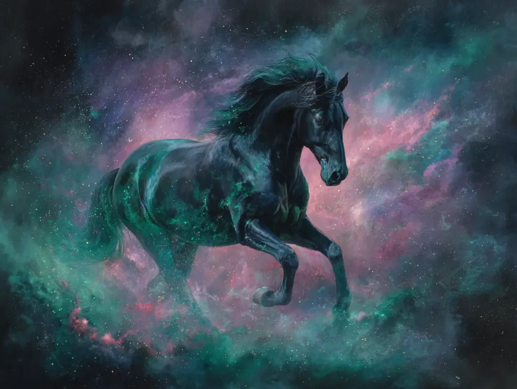 A black Friesian horse galloping through green and pink space nebula.