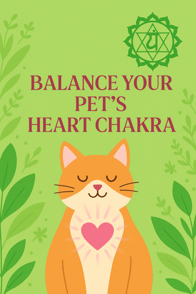 Illustration of an orange cat with a glowing pink heart on its chest, surrounded by green leaves and heart chakra symbols with the text “Balance Your Pet’s Heart Chakra.”