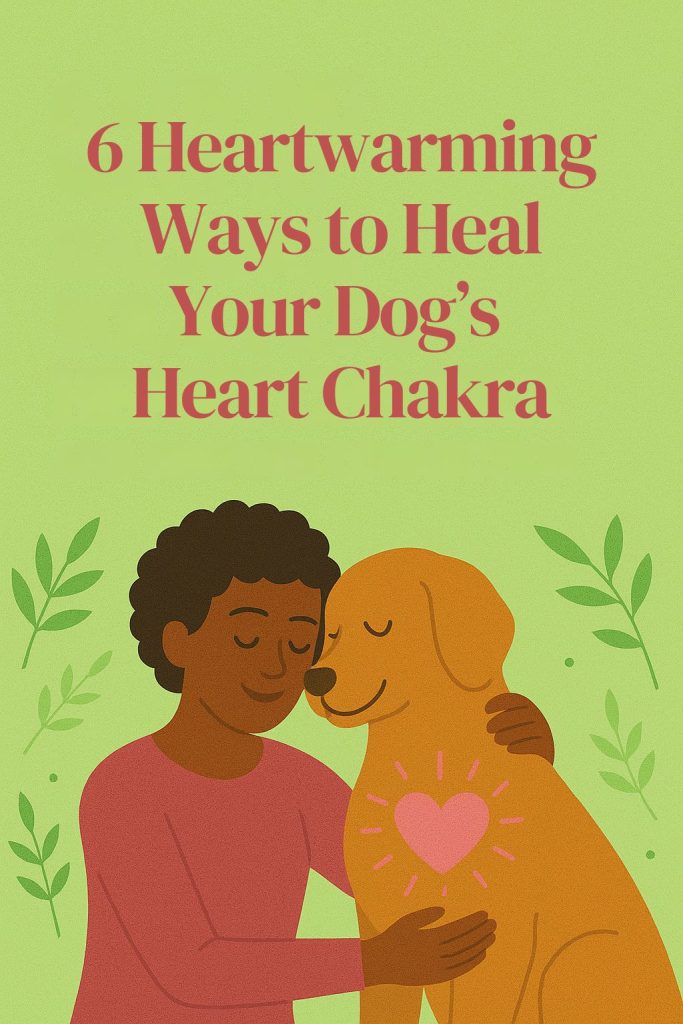 illustration of a person of color embracing a dog with a pink glowing heart on its chest, on a green background with leaf details and chakra-inspired design.