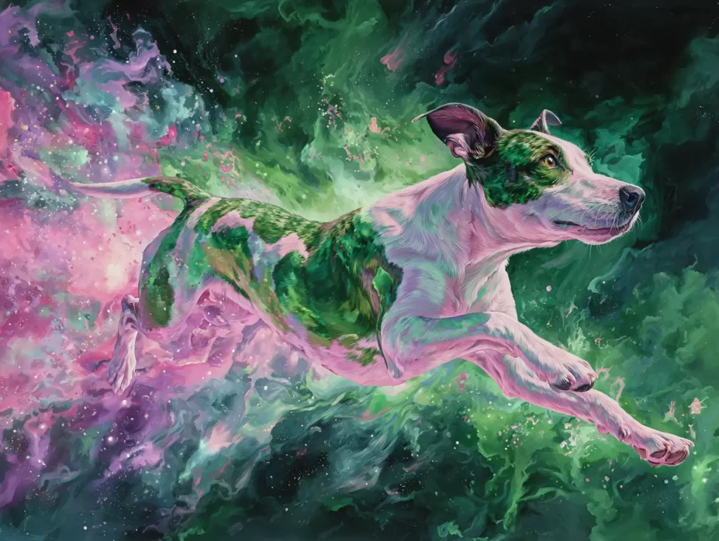 A playful dog, a tiger-striped brindle and white patches, bounding through outer space, leaving behind a trail of green and pink energy light. These are the colors used to balance your pet's heart chakra.
