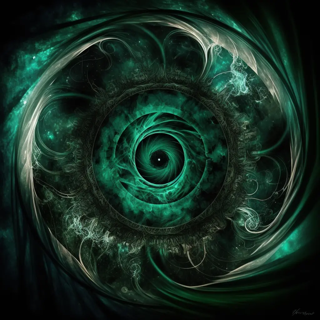 A visual representation of of the energy healing light of the heart chakra, in both people and pets. It is green swirls on a dark background.