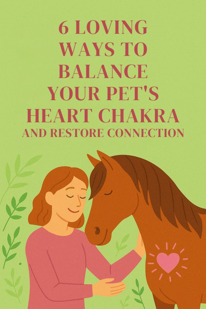 Illustration of a woman connecting with a brown horse, both calm and centered with a glowing heart on the horse’s chest, surrounded by greenery.