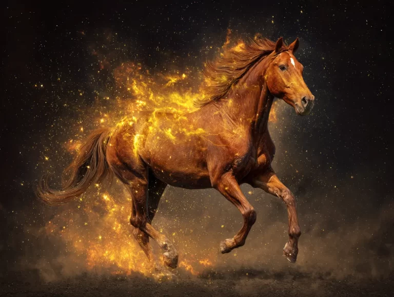 A chestnut horse running diagonally towards the camera, with yellow light and sparkles on its back and under its feet, for solar plexus energy.