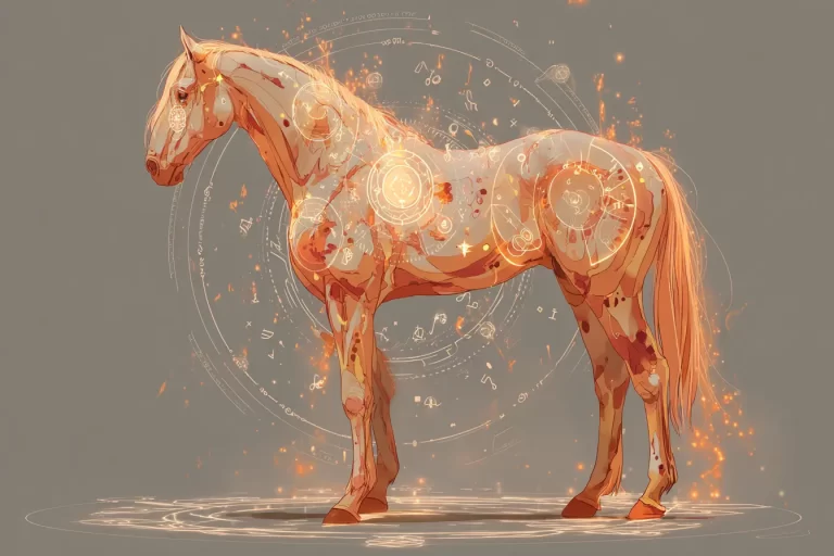 An illustration of an orange horse with orange glowing swirls of light language across its body for healing your pet's sacral chakra.