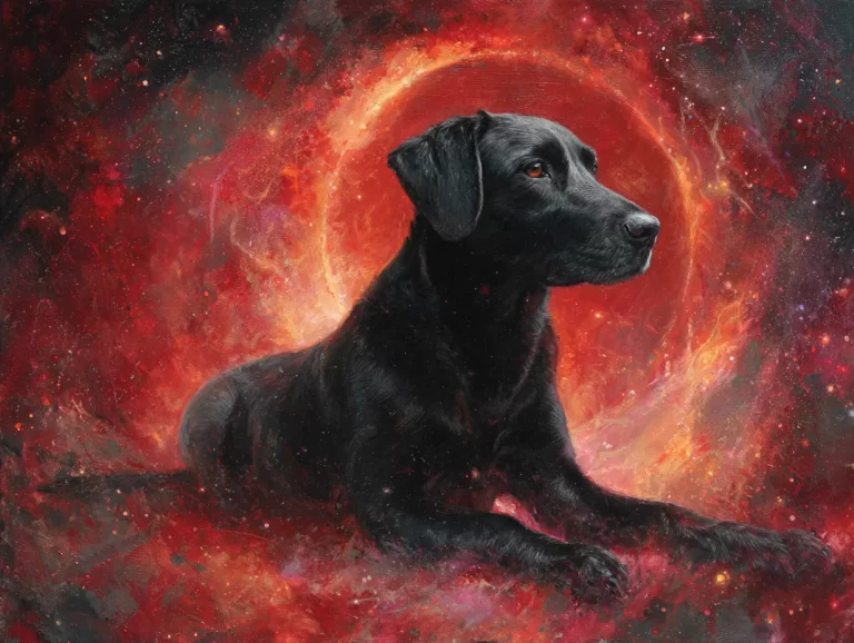 A black dog lays surrounded by red light, helping to balance your pet's root chakra.