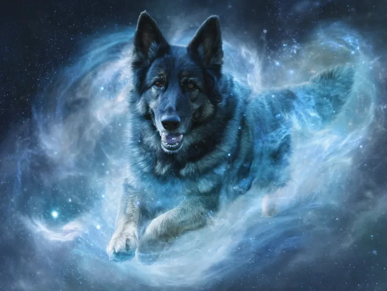A black German shepherd dog bursting through a light blue field of stars and light, helping you balance your pet's throat chakra.