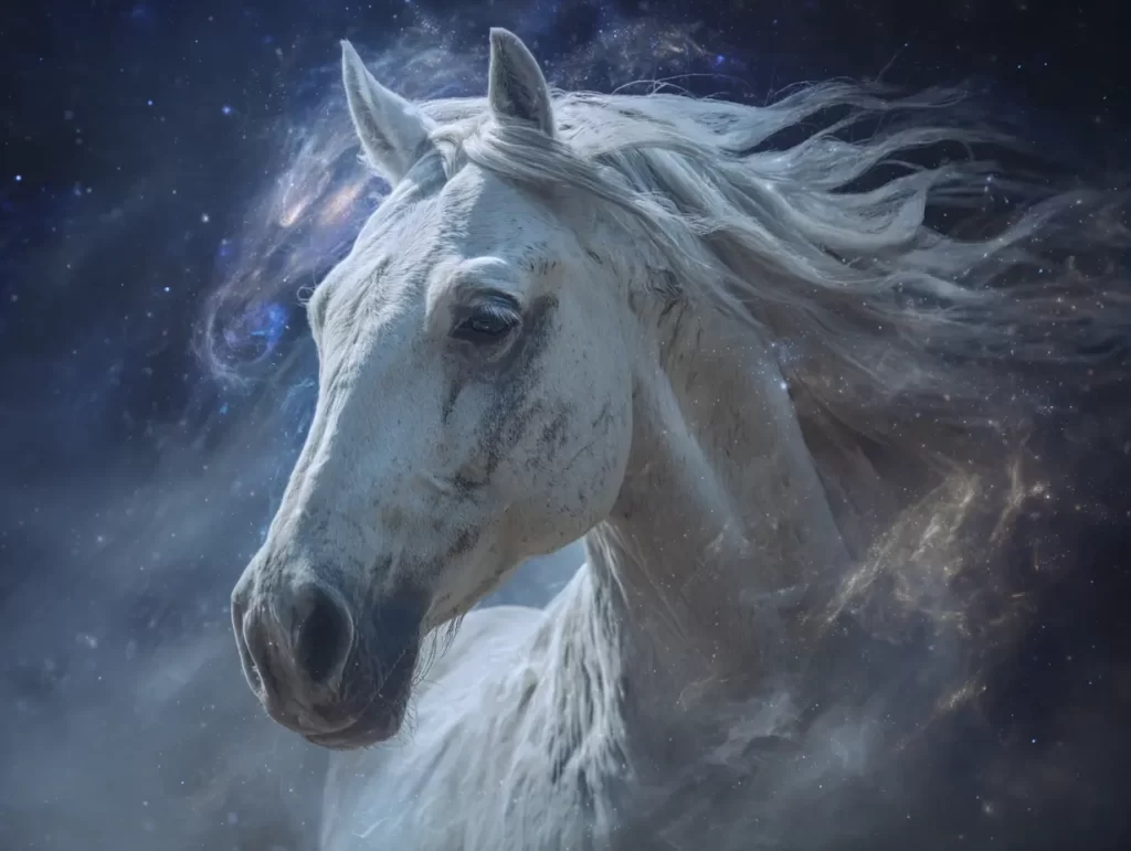 The head and neck of a white horse, with wise eyes, teaching how to balance your pet's crown chakra.