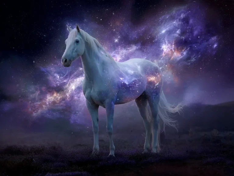 A white horse stands in space among blue and pink and white space dust, the energy to balance your pet's third eye chakra.