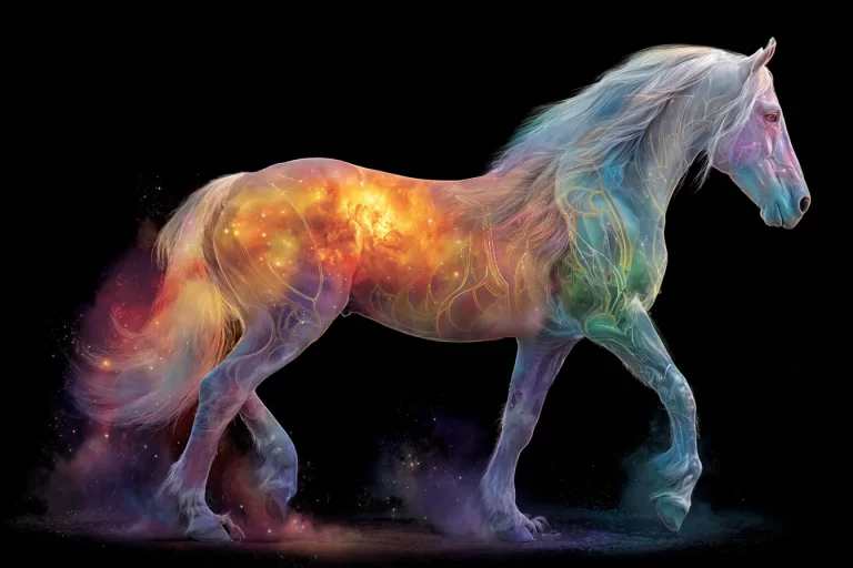 An illustration of a white horse walking to the right, colored in a rainbow of light, beginning with red at the tail and continuing through the colors to violet at the head, representative of the colors to balance your pet's chakra energy
