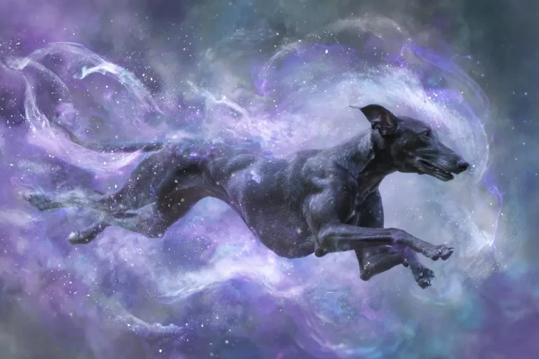 A grey dog bounding through space, through silver and lavender energy cloud swirls, excited to balance your pet's crown chakra.