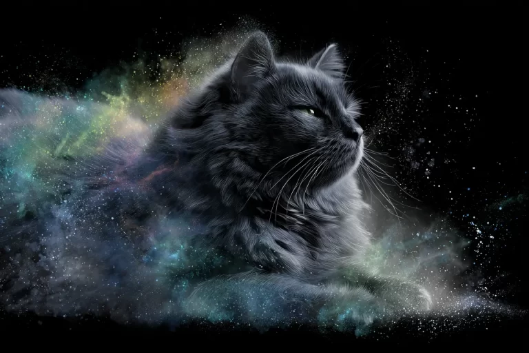 The animal's brachial chakra is located on the shoulders. This black cat is sitting contentedly against a black background, with bright light energy in a rainbow of muted colors surrounding it. The energy is ready to balance your pet's brachial chakra.